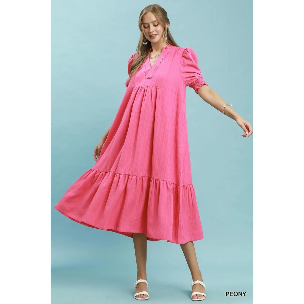 Umgee Textured Puff Sleeve Midi Dress - Peony - Small - Picture 5 of 5